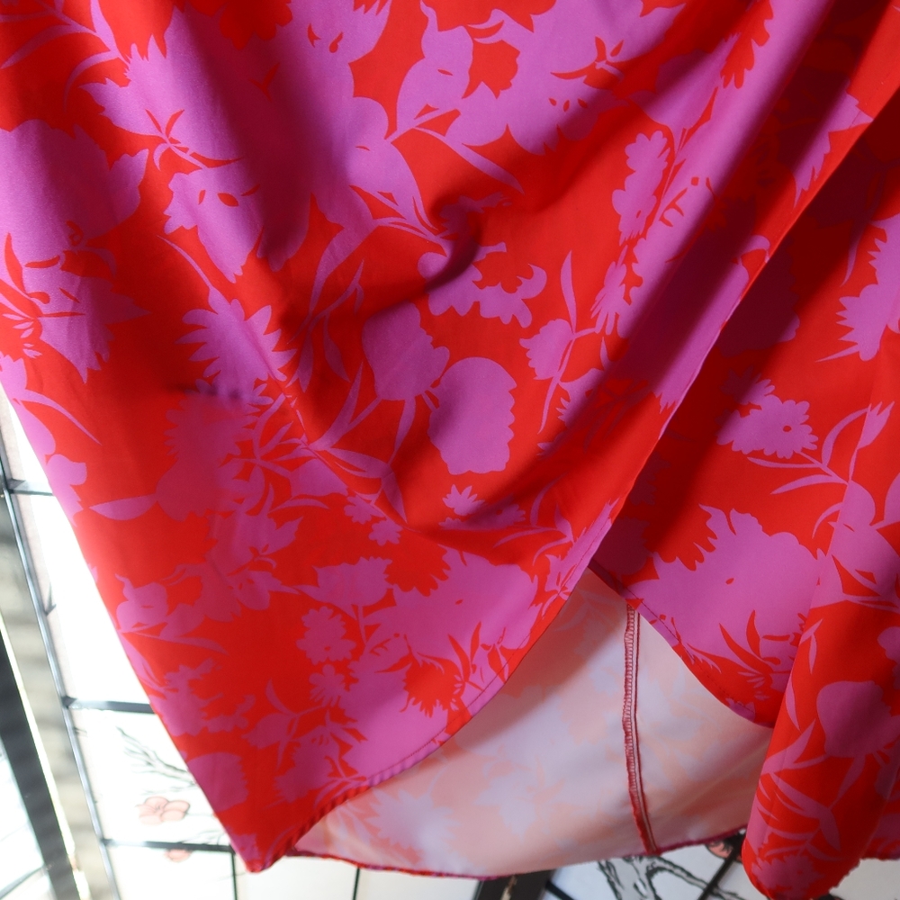 Pink and Red Floral Asymmetrical One Sleeve Off Shoulder Dress - Picture 5 of 12